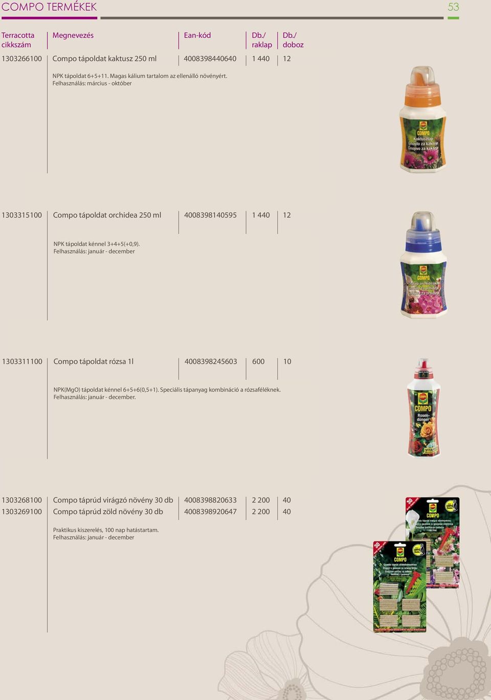 Felhasználás: január - december 303300 Compo tápoldat rózsa l 00392503 00 0 NPK(MgO) tápoldat kénnel +5+(0,5+). Speciális tápanyag kombináció a rózsaféléknek. Felhasználás: január - december.