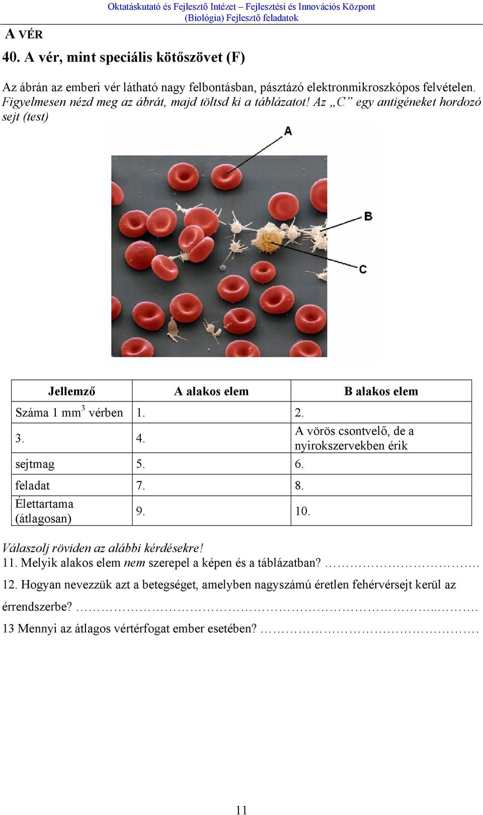 Figyelmesen nézd meg az ábrát, majd töltsd ki a táblázatot! Az C egy antigéneket hordozó sejt (test) Jellemző A alakos elem B alakos elem Száma 1 mm 3 vérben 1. 2. 3. 4.