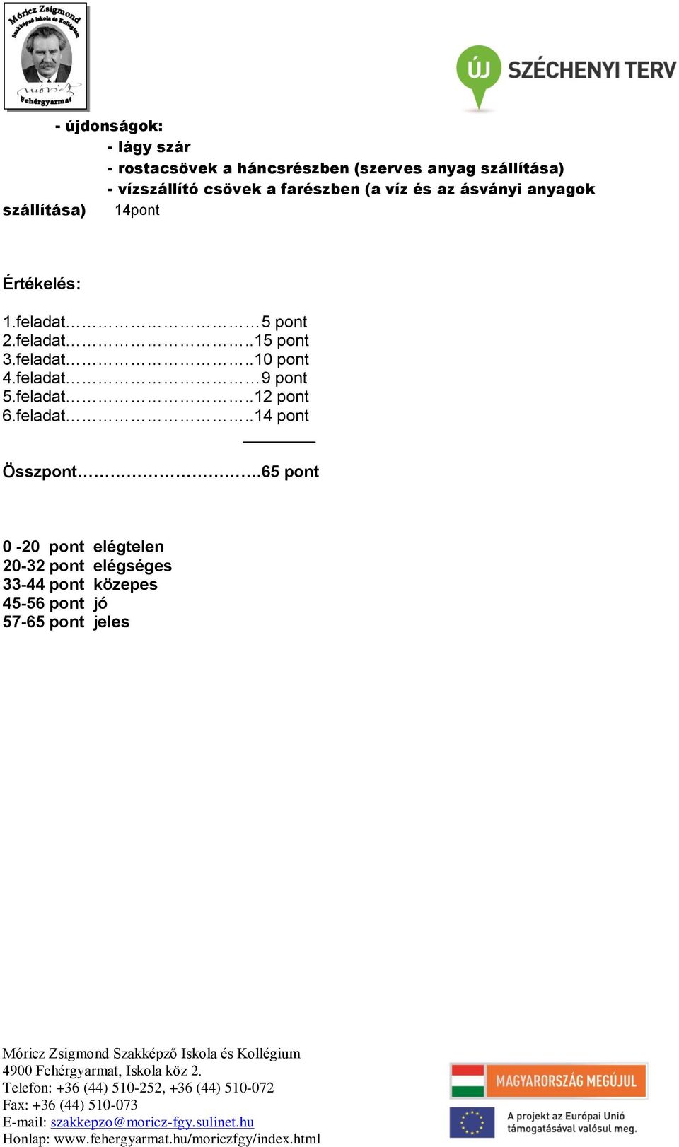 feladat..15 pont 3.feladat..10 pont 4.feladat 9 pont 5.feladat..12 pont 6.feladat..14 pont Összpont.