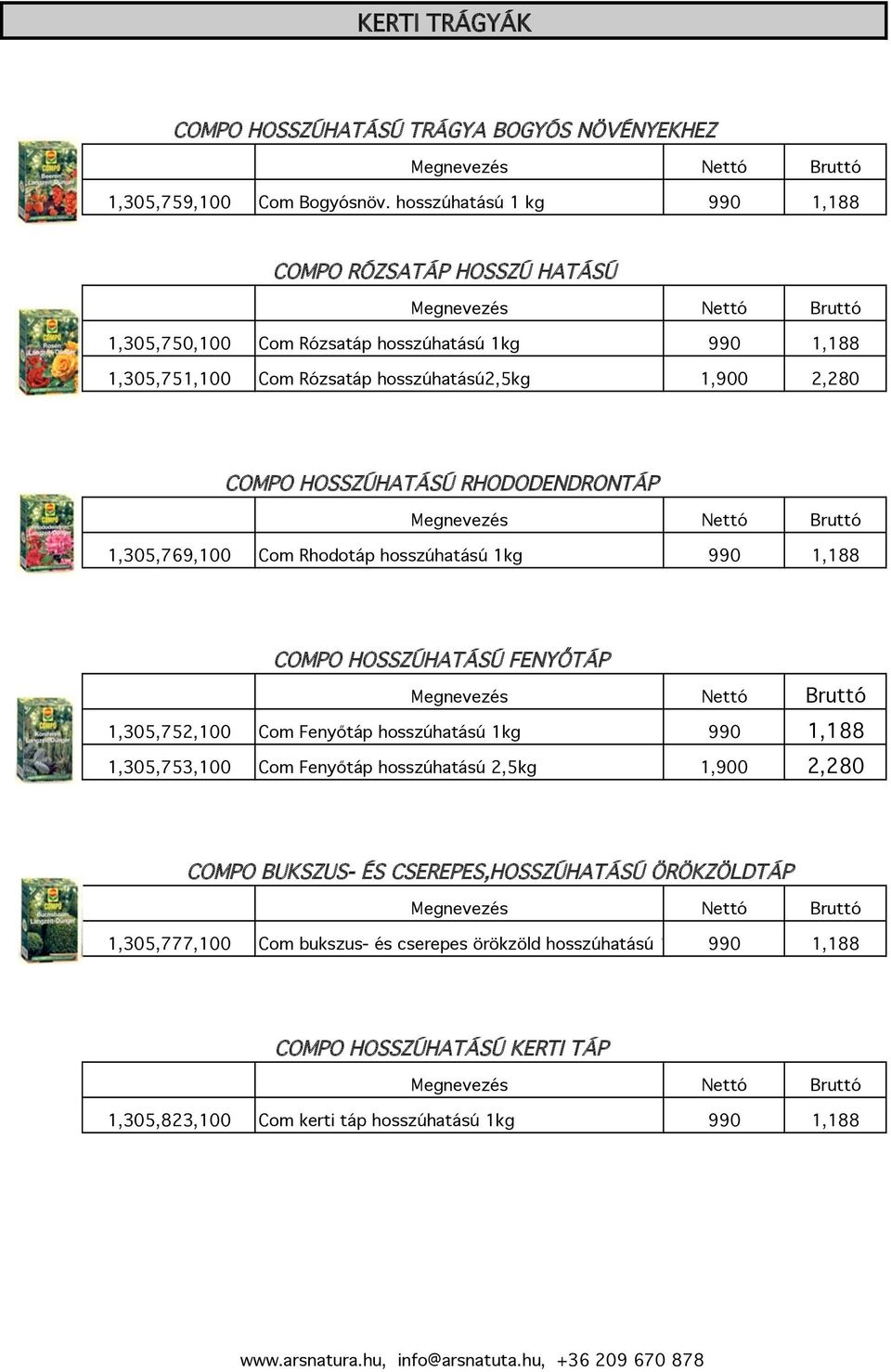 HOSSZÚHATÁSÚ RHODODENDRONTÁP 1,305,769,100 Com Rhodotáp hosszúhatású 1kg 990 1,188 COMPO HOSSZÚHATÁSÚ FENYŐTÁP 1,305,752,100 Com Fenyőtáp hosszúhatású 1kg 990 1,188