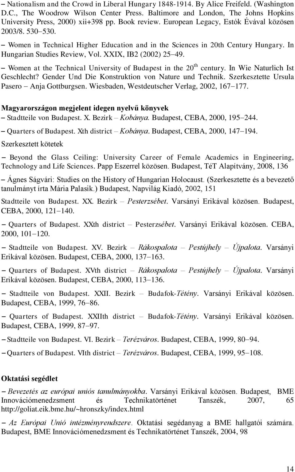 Women in Technical Higher Education and in the Sciences in 20th Century Hungary. In Hungarian Studies Review, Vol. XXIX, IB2 (2002) 25 49.