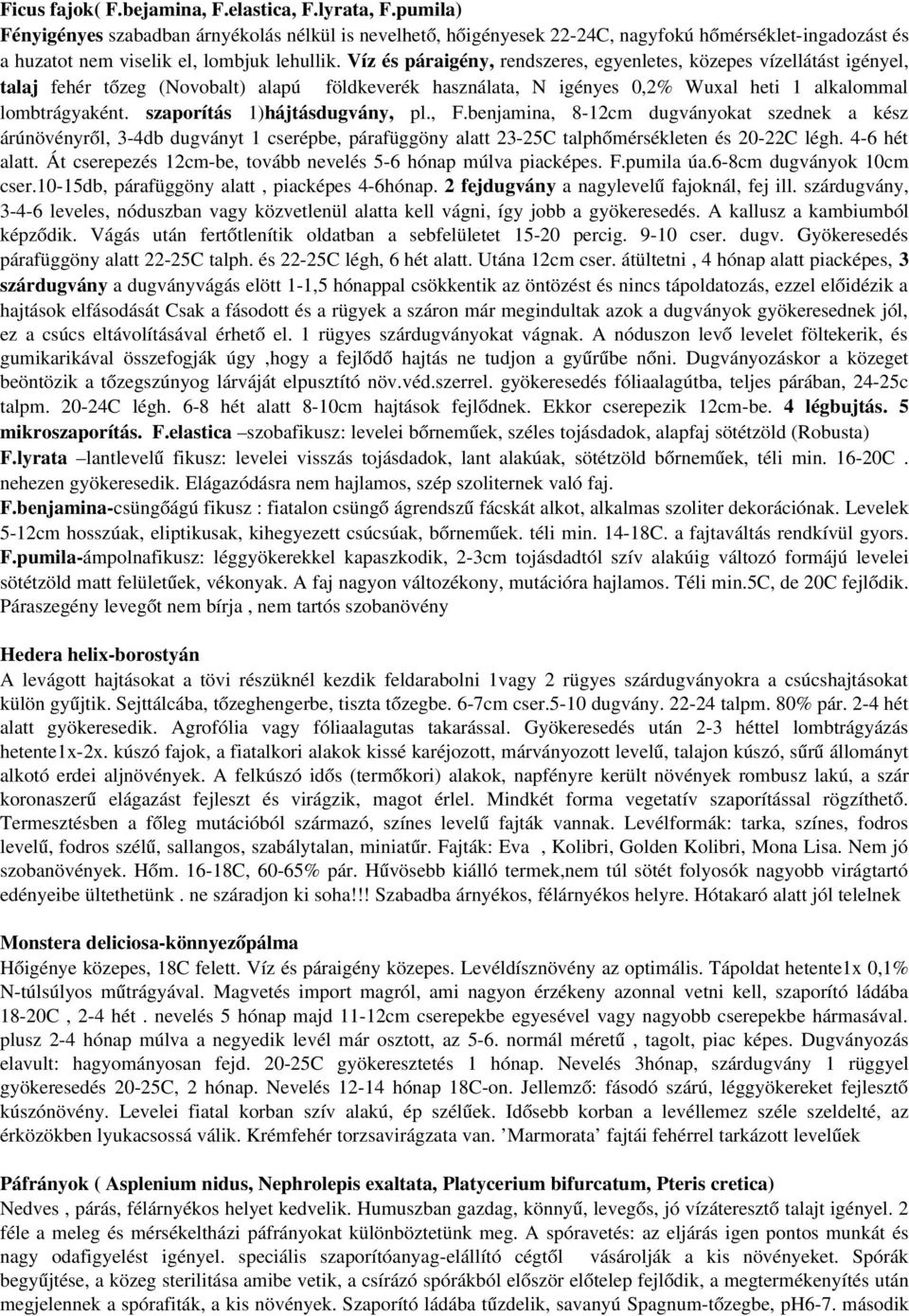 Víz és páraigény, rendszeres, egyenletes, közepes vízellátást igényel, talaj fehér tőzeg (Novobalt) alapú földkeverék használata, N igényes 0,2% Wuxal heti 1 alkalommal lombtrágyaként.