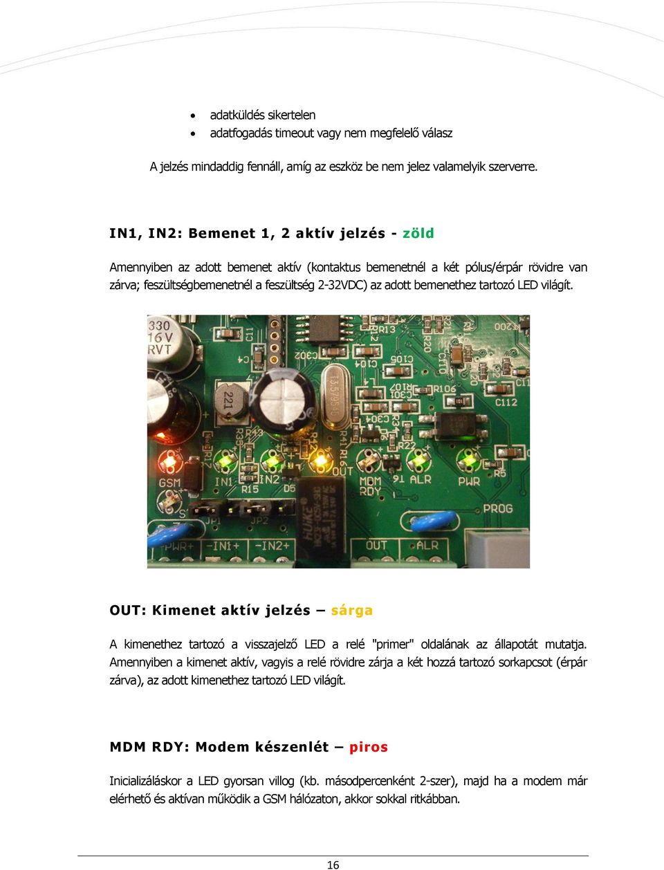 tartozó LED világít. OUT: Kimenet aktív jelzés sárga A kimenethez tartozó a visszajelző LED a relé "primer" oldalának az állapotát mutatja.