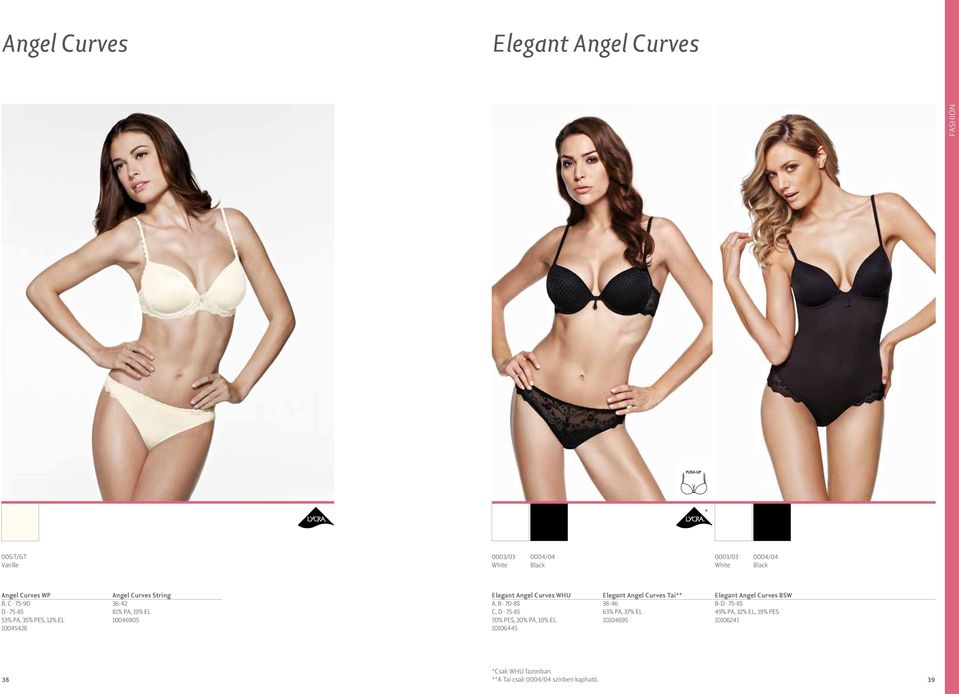 D 75-85 70% PES, 20% PA, 10% EL 10106445 Elegant Angel Curves Tai** 38-46 63% PA, 37% EL 10104695 Elegant