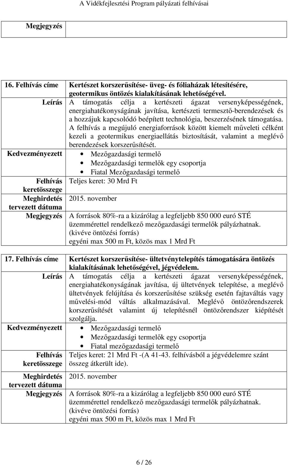 támogatása. A felhívás a megújuló energiaforrások között kiemelt műveleti célként kezeli a geotermikus energiaellátás biztosítását, valamint a meglévő berendezések korszerűsítését.