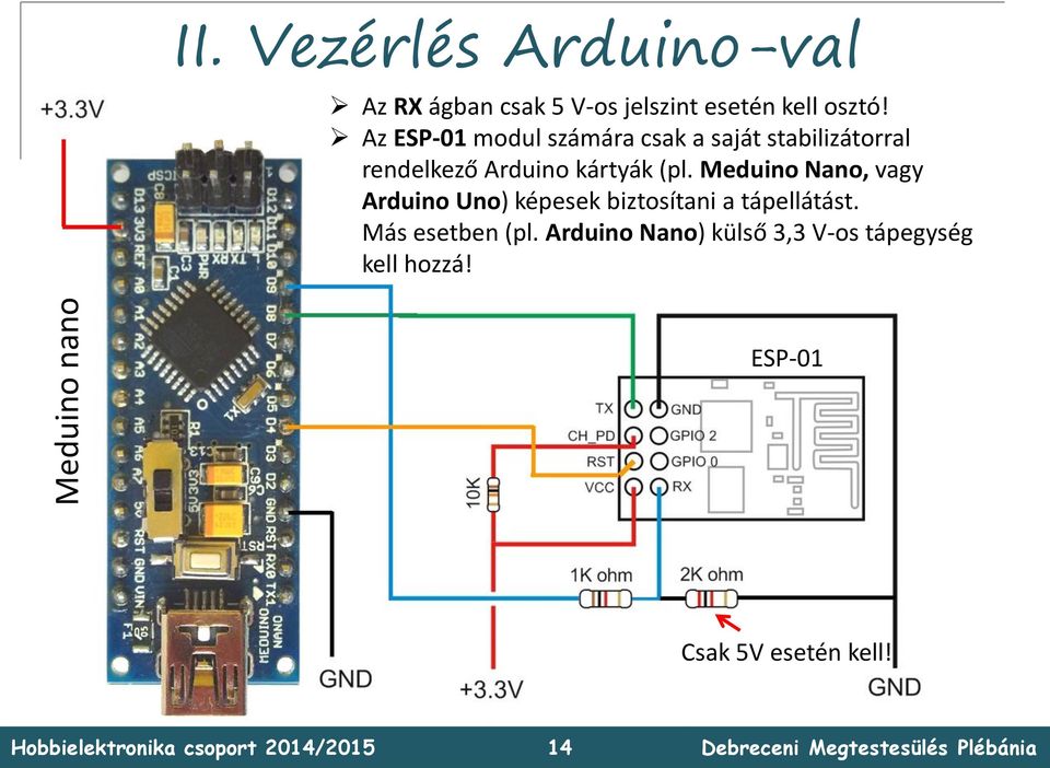 Az ESP-01 modul számára csak a saját stabilizátorral rendelkező Arduino kártyák (pl.