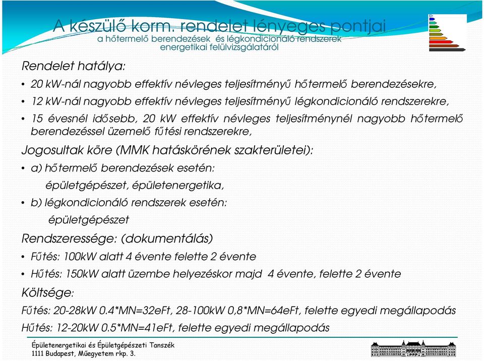 berendezésekre, 12 kw-nál nagyobb effektív névleges teljesítményő légkondicionáló rendszerekre, 15 évesnél idısebb, 20 kw effektív névleges teljesítménynél nagyobb hıtermelı berendezéssel üzemelı