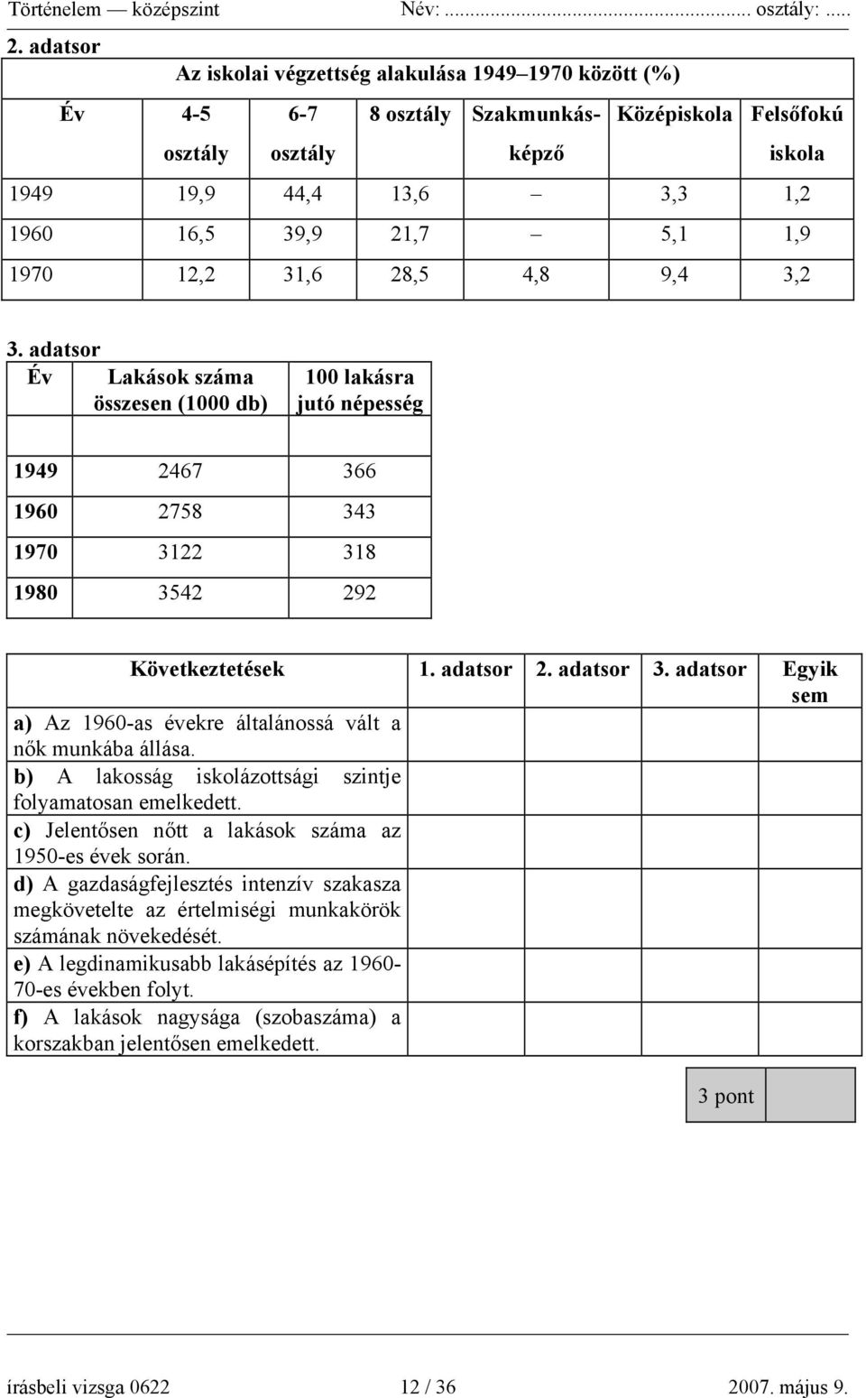 adatsor 3. adatsor Egyik sem a) Az 1960-as évekre általánossá vált a nők munkába állása. b) A lakosság iskolázottsági szintje folyamatosan emelkedett.