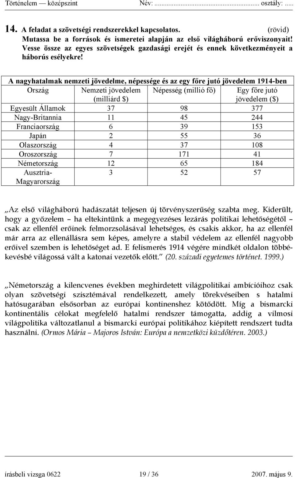 A nagyhatalmak nemzeti jövedelme, népessége és az egy főre jutó jövedelem 1914-ben Ország Nemzeti jövedelem (milliárd $) Népesség (millió fő) Egy főre jutó jövedelem ($) Egyesült Államok 37 98 377
