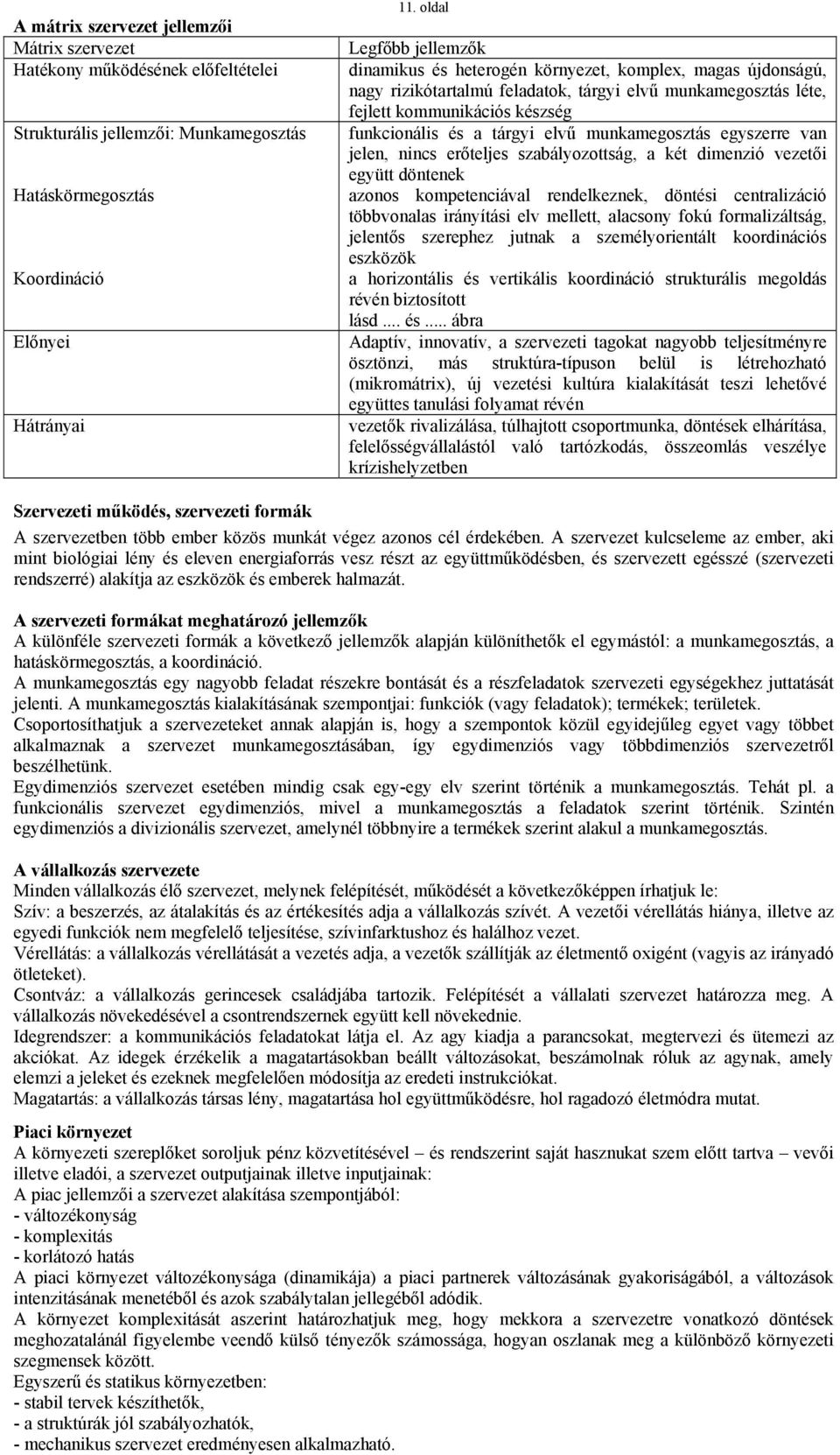 tárgyi elvű munkamegosztás egyszerre van jelen, nincs erőteljes szabályozottság, a két dimenzió vezetői együtt döntenek azonos kompetenciával rendelkeznek, döntési centralizáció többvonalas