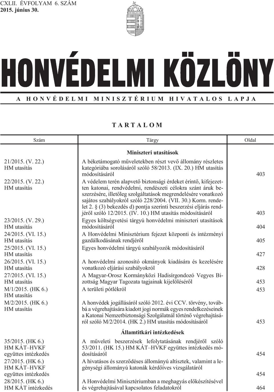 (HK 6.) HM KÁT HVKF együttes intézkedés 27/2015. (HK 6.) HM KÁT HVKF együttes intézkedés 28/2015. (HK 6.) HM KÁT intézkedés Miniszteri utasítások A béketámogató mûveletekben részt vevõ állomány részletes kategóriába sorolásáról szóló 58/2013.