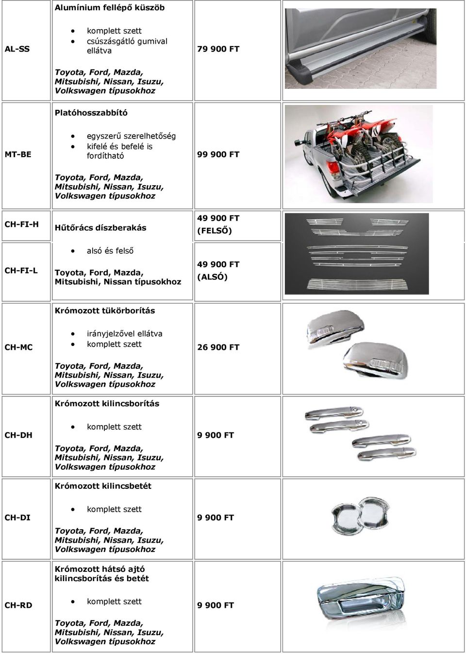 tükörborítás CH-MC irányjelzővel ellátva komplett szett 26 900 FT Mitsubishi, Nissan, Isuzu, Volkswagen típusokhoz Krómozott kilincsborítás CH-DH komplett szett Mitsubishi, Nissan, Isuzu, Volkswagen