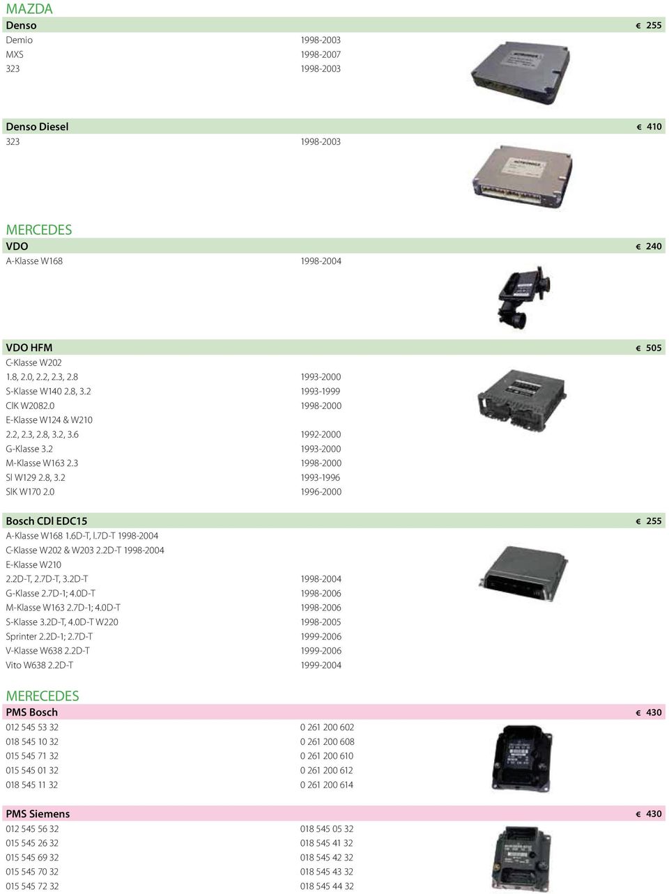 0 1996-2000 Bosch CDl EDC15 A-Klasse W168 1.6D-T, l.7d-t 1998-2004 C-Klasse W202 & W203 2.2D-T 1998-2004 E-Klasse W210 2.2D-T, 2.7D-T, 3.2D-T 1998-2004 G-Klasse 2.7D-1; 4.