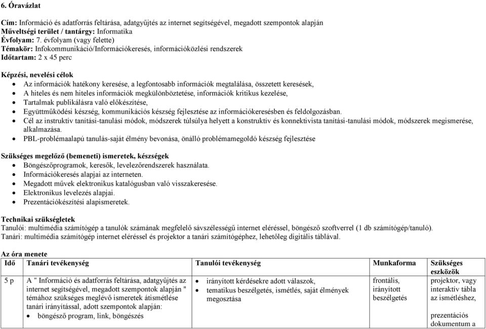 információk megtalálása, összetett keresések, A hiteles és nem hiteles információk megkülönböztetése, információk kritikus kezelése, Tartalmak publikálásra való előkészítése, Együttműködési készség,