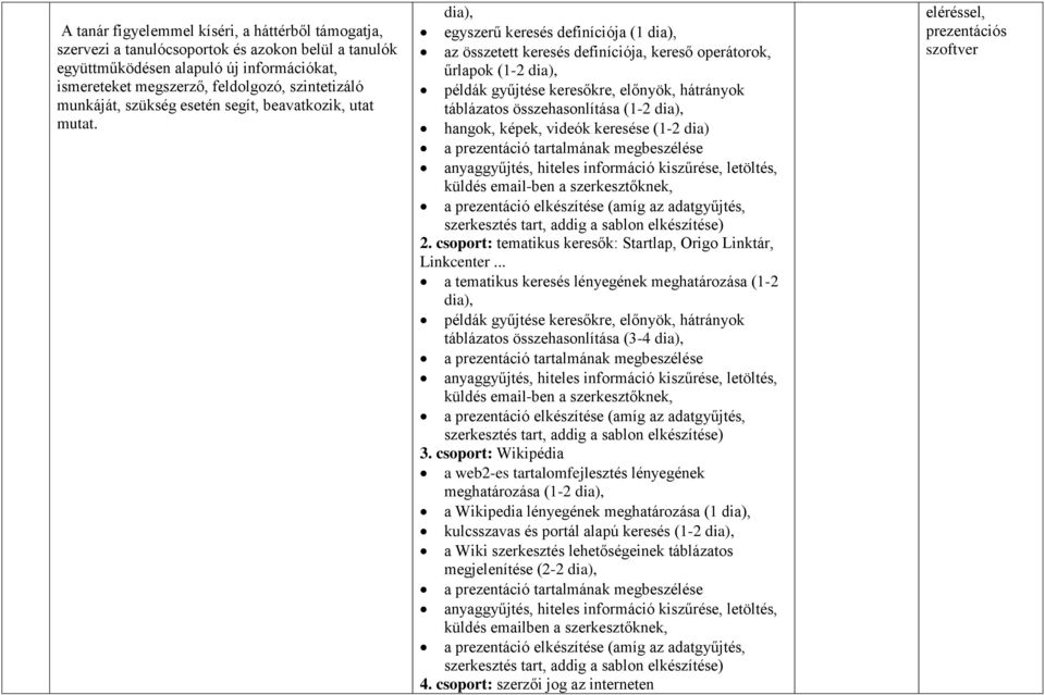 dia), egyszerű keresés definíciója (1 dia), az összetett keresés definíciója, kereső operátorok, űrlapok (1-2 dia), példák gyűjtése keresőkre, előnyök, hátrányok táblázatos összehasonlítása (1-2