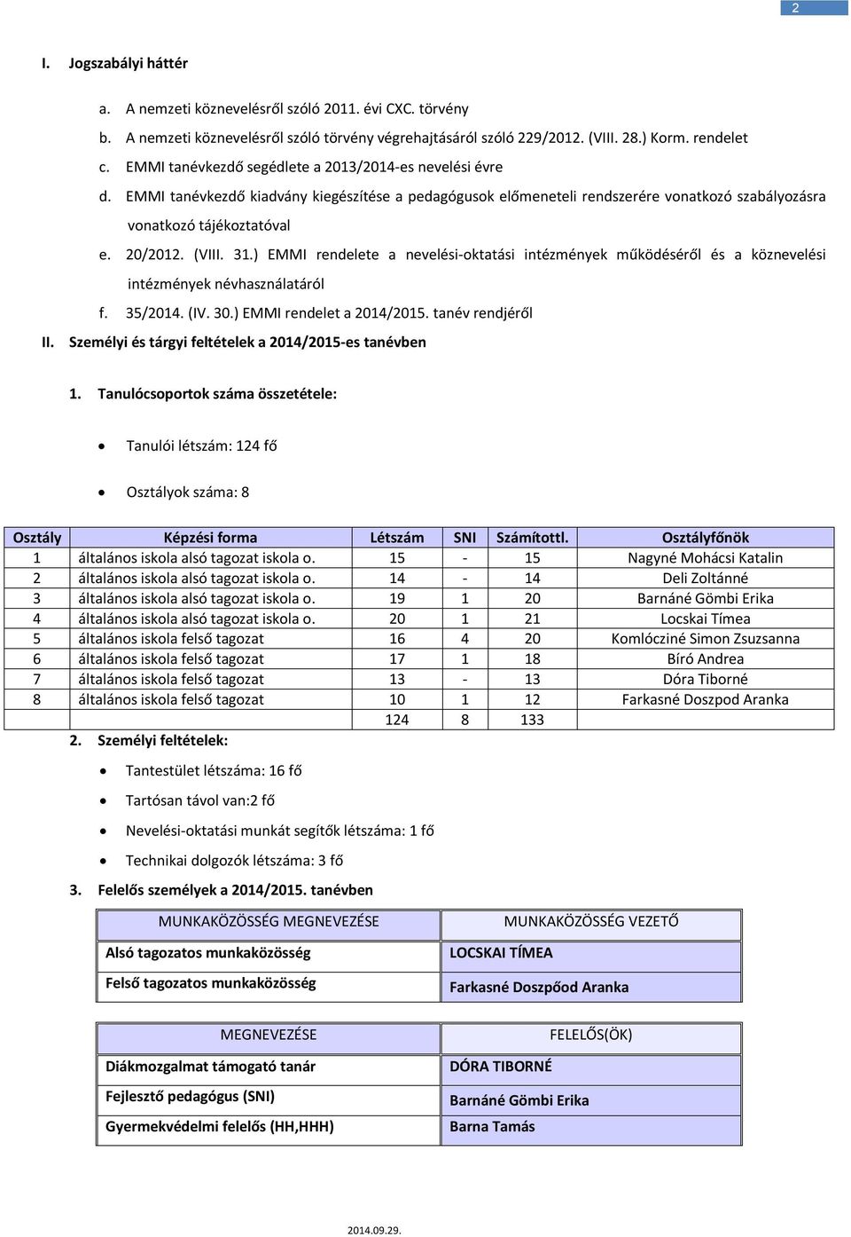 (VIII. 31.) EMMI rendelete a nevelési-oktatási intézmények működéséről és a köznevelési intézmények névhasználatáról f. 35/2014. (IV. 30.) EMMI rendelet a 2014/2015. tanév rendjéről II.