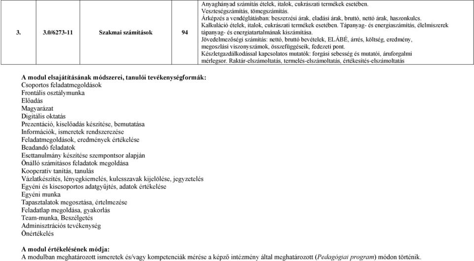 Tápanyag- és energiaszámítás, élelmiszerek tápanyag- és energiatartalmának kiszámítása.