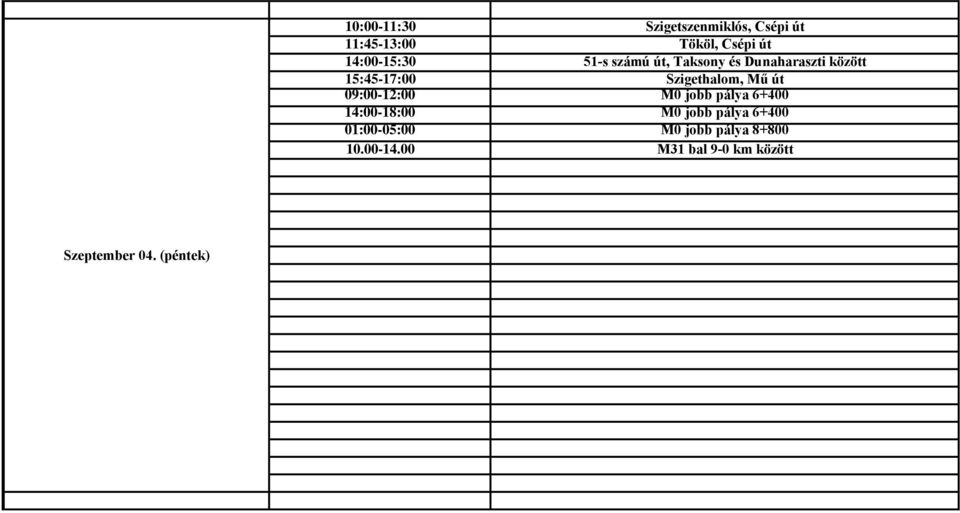 14:00-15:30 51-s számú út, Taksony és Dunaharaszti között 15:45-17:00