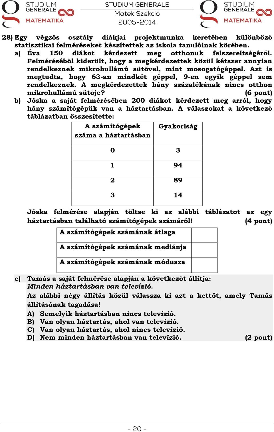 Azt is megtudta, hogy 63-an mindkét géppel, 9-en egyik géppel sem rendelkeznek. A megkérdezettek hány százalékának nincs otthon mikrohullámú sütője?