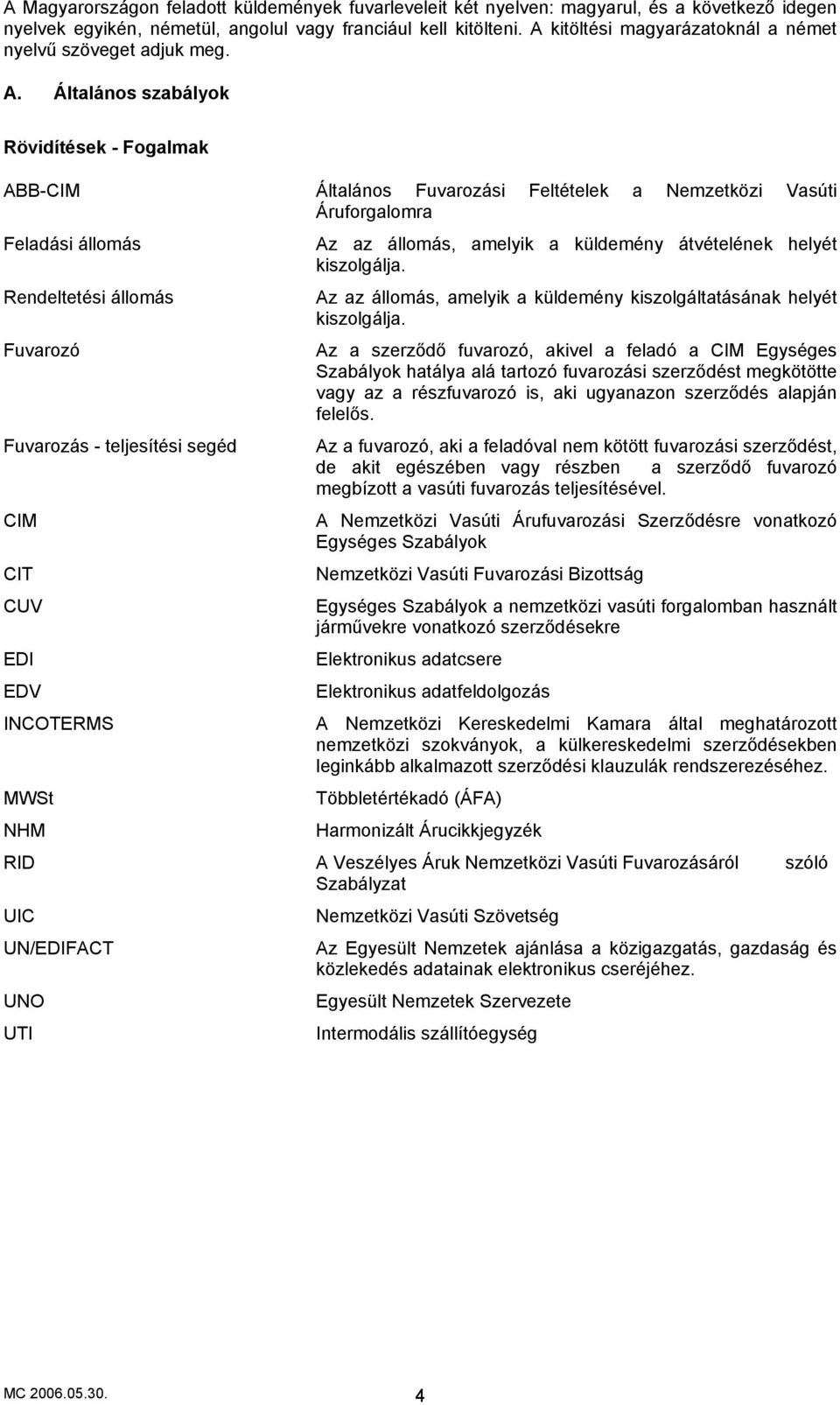 Általános szabályok Rövidítések - Fogalmak ABB-CIM Általános Fuvarozási Feltételek a Nemzetközi Vasúti Áruforgalomra Feladási állomás Rendeltetési állomás Fuvarozó Fuvarozás - teljesítési segéd CIM