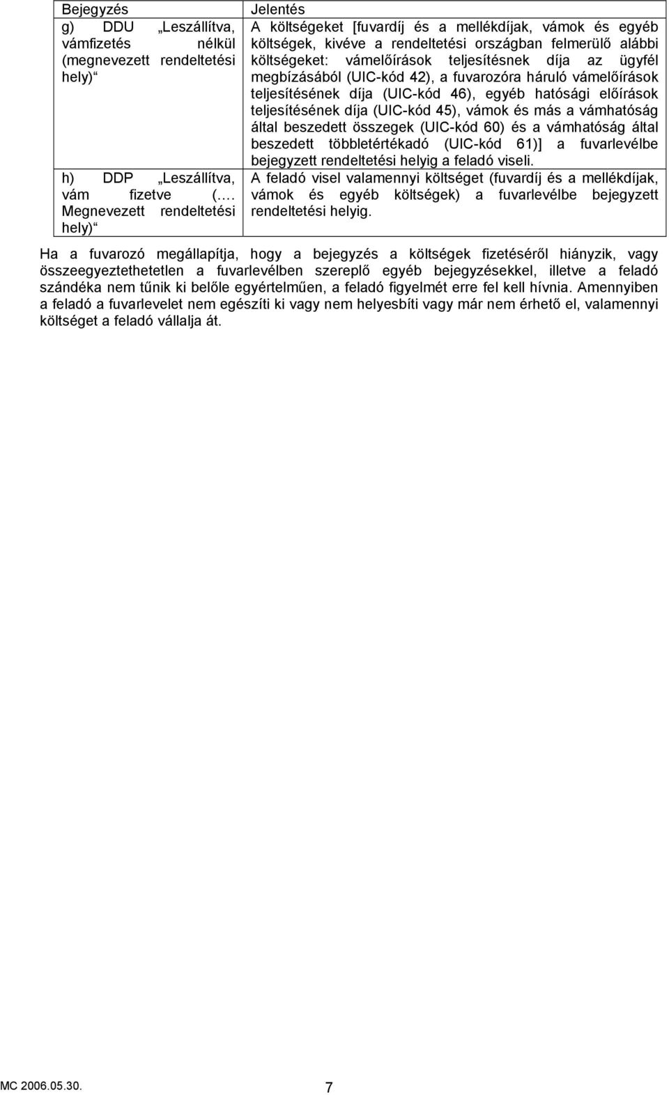 díja az ügyfél megbízásából (UIC-kód 42), a fuvarozóra háruló vámelőírások teljesítésének díja (UIC-kód 46), egyéb hatósági előírások teljesítésének díja (UIC-kód 45), vámok és más a vámhatóság által