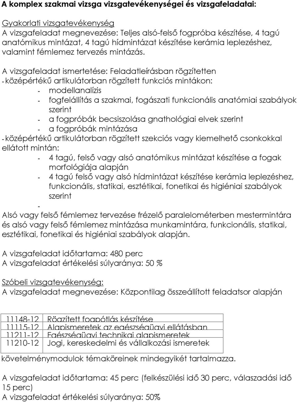 A vizsgafeladat ismertetése: Feladatleírásban rögzítetten - középértékű artikulátorban rögzített funkciós mintákon: - modellanalízis - fogfelállítás a szakmai, fogászati funkcionális anatómiai