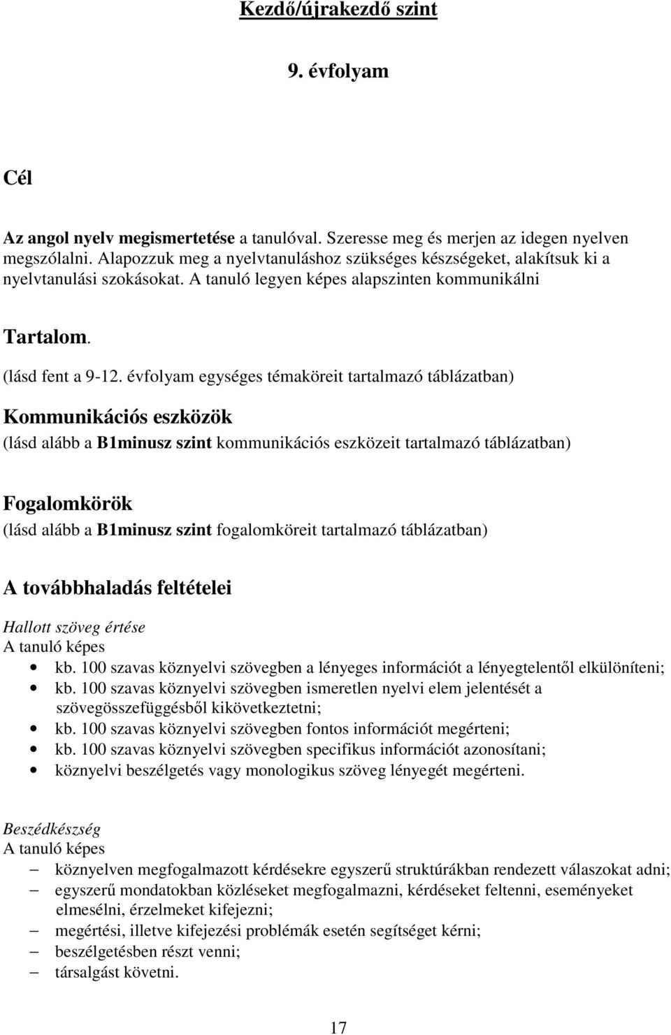 évfolyam egységes témaköreit tartalmazó táblázatban) Kommunikációs eszközök (lásd alább a B1minusz szint kommunikációs eszközeit tartalmazó táblázatban) Fogalomkörök (lásd alább a B1minusz szint