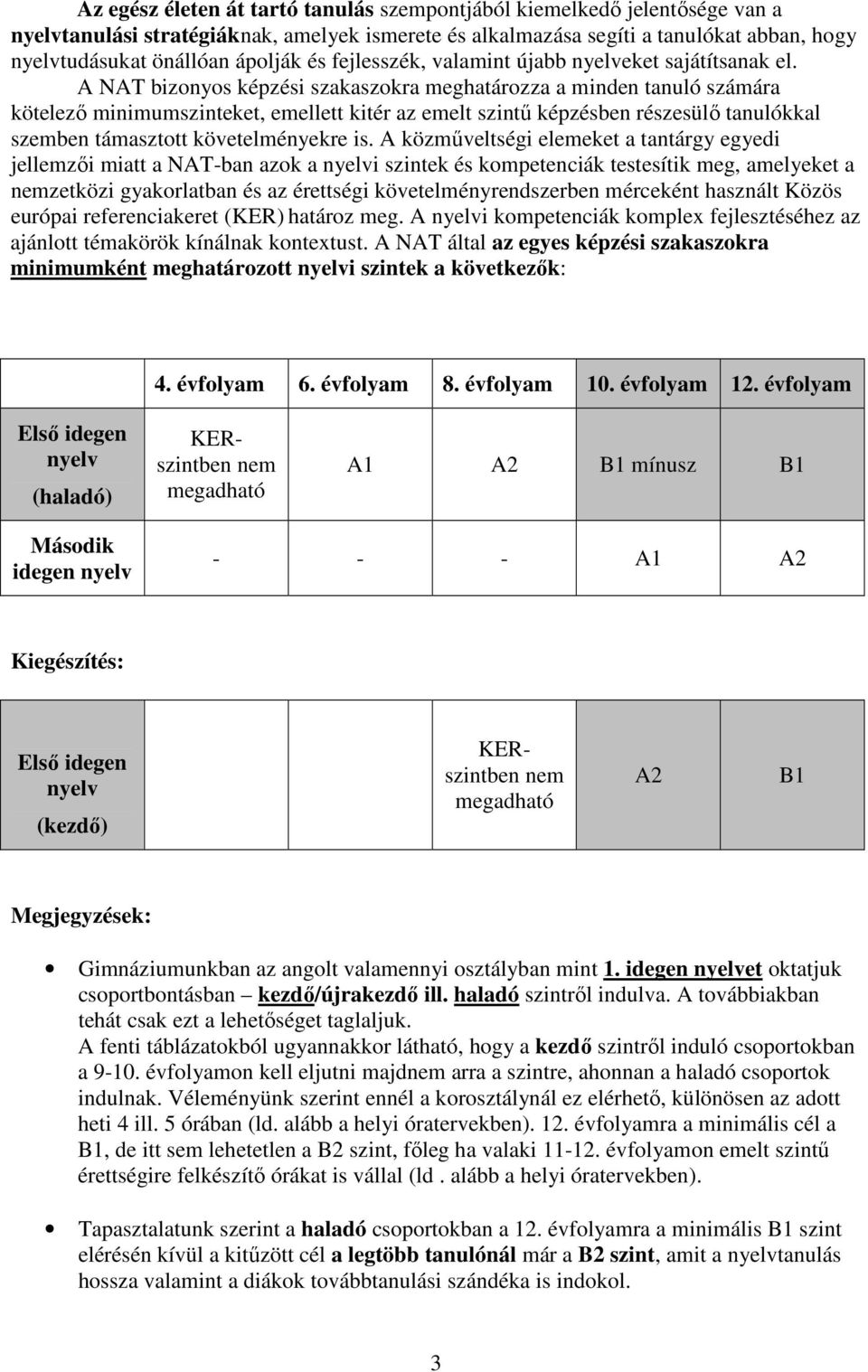 A NAT bizonyos képzési szakaszokra meghatározza a minden tanuló számára kötelező minimumszinteket, emellett kitér az emelt szintű képzésben részesülő tanulókkal szemben támasztott követelményekre is.