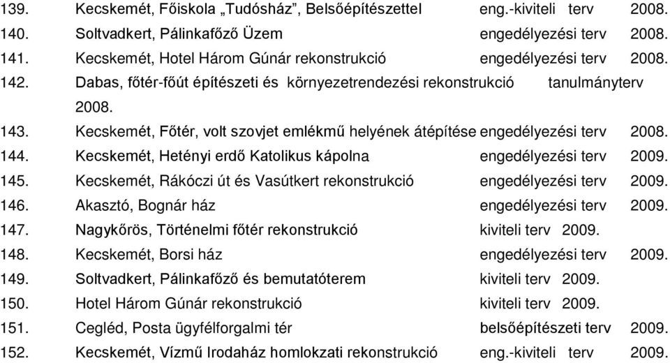 Kecskemét, Főtér, volt szovjet emlékmű helyének átépítése engedélyezési terv 2008. 144. Kecskemét, Hetényi erdő Katolikus kápolna engedélyezési terv 2009. 145.