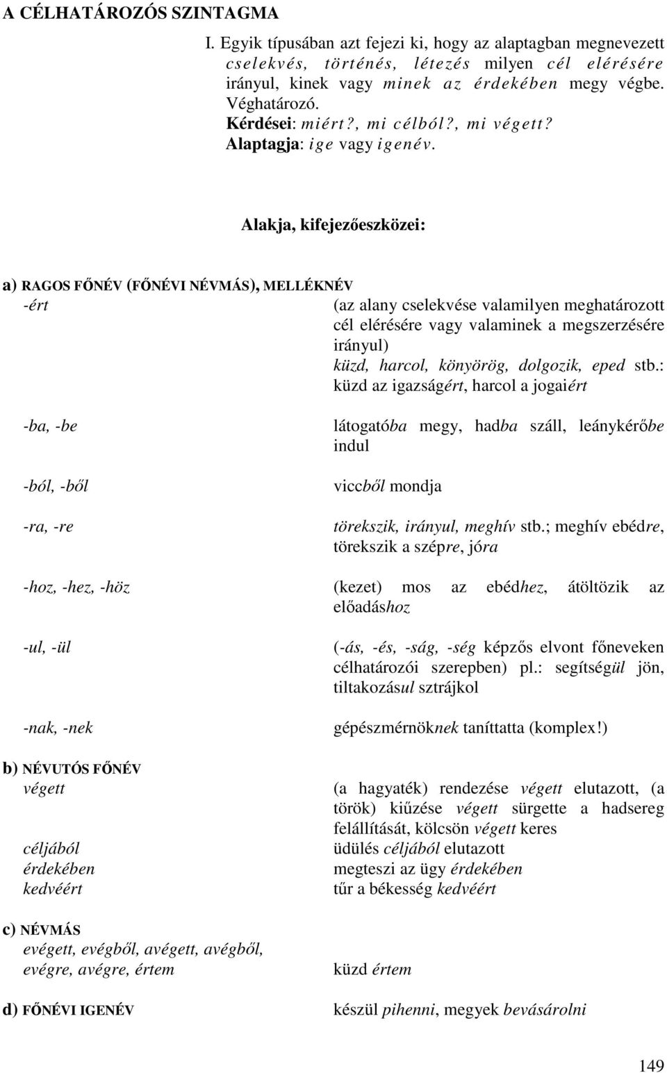 Alakja, kifejezıeszközei: a) RAGOS FİNÉV (FİNÉVI NÉVMÁS), MELLÉKNÉV -ért (az alany cselekvése valamilyen meghatározott cél elérésére vagy valaminek a megszerzésére irányul) küzd, harcol, könyörög,