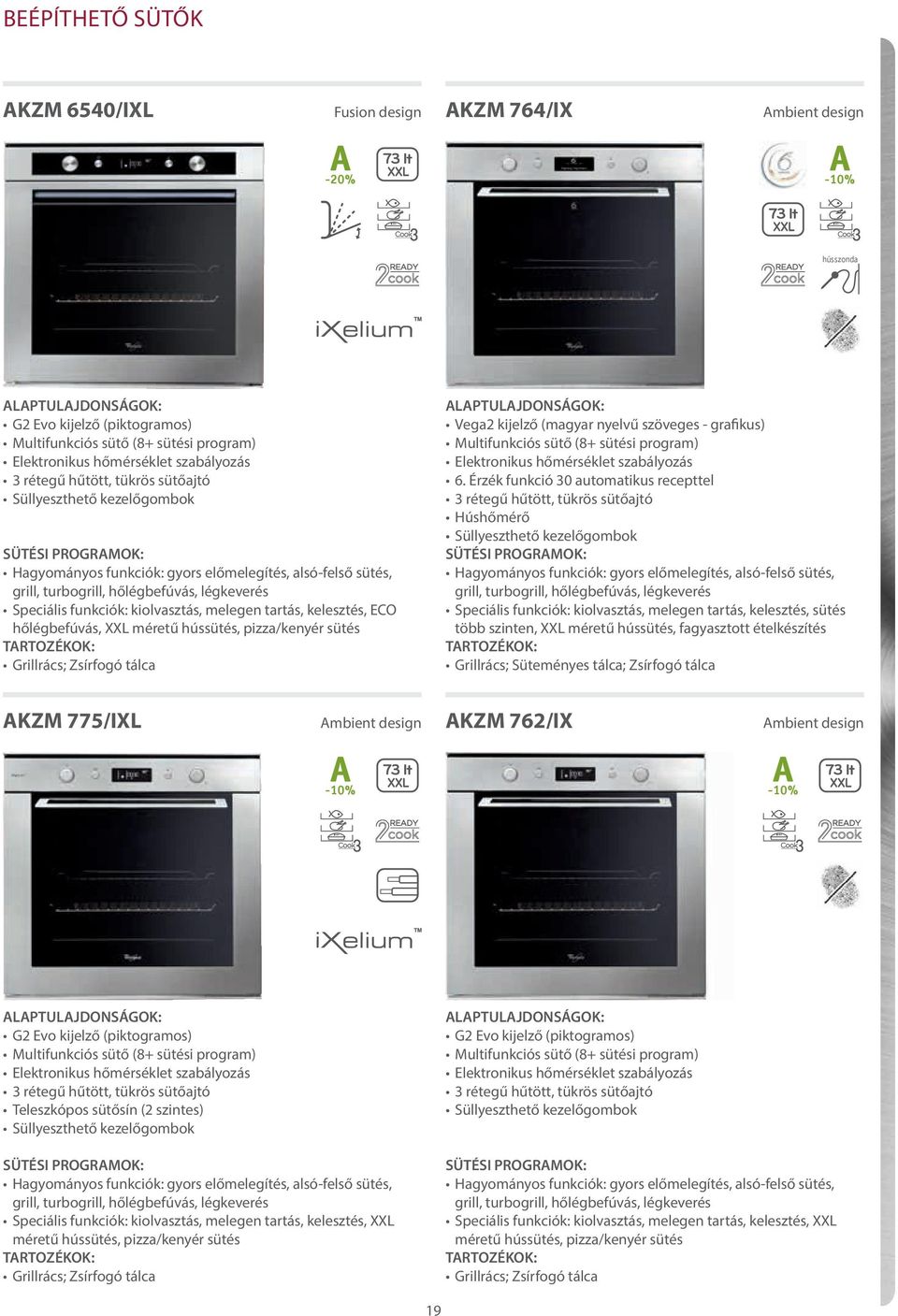kiolvasztás, melegen tartás, kelesztés, ECO hőlégbefúvás, XXL méretű hússütés, pizza/kenyér sütés TARTOZÉKOK: Grillrács; Zsírfogó tálca Vega2 kijelző (magyar nyelvű szöveges - grafikus) Multifunkciós