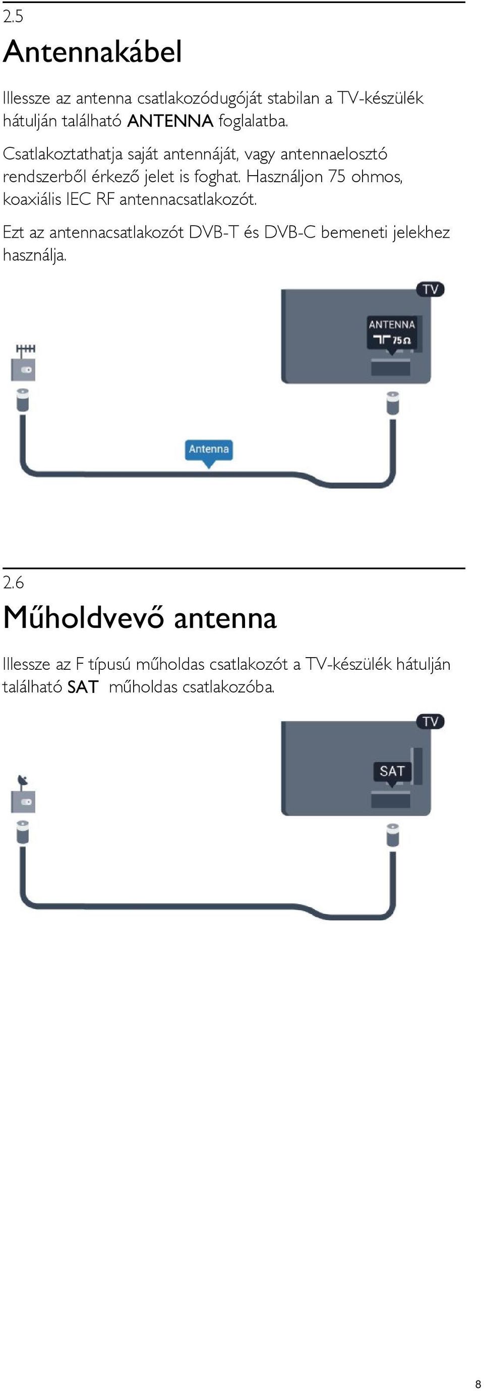 Használjon 75 ohmos, koaxiális IEC RF antennacsatlakozót.