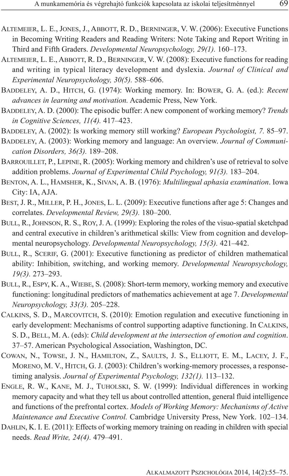 D., BERNINGER, V. W. (2008): Executive functions for reading and writing in typical literacy development and dyslexia. Journal of Clinical and Experimental Neuropsychology, 30(5). 588 606.
