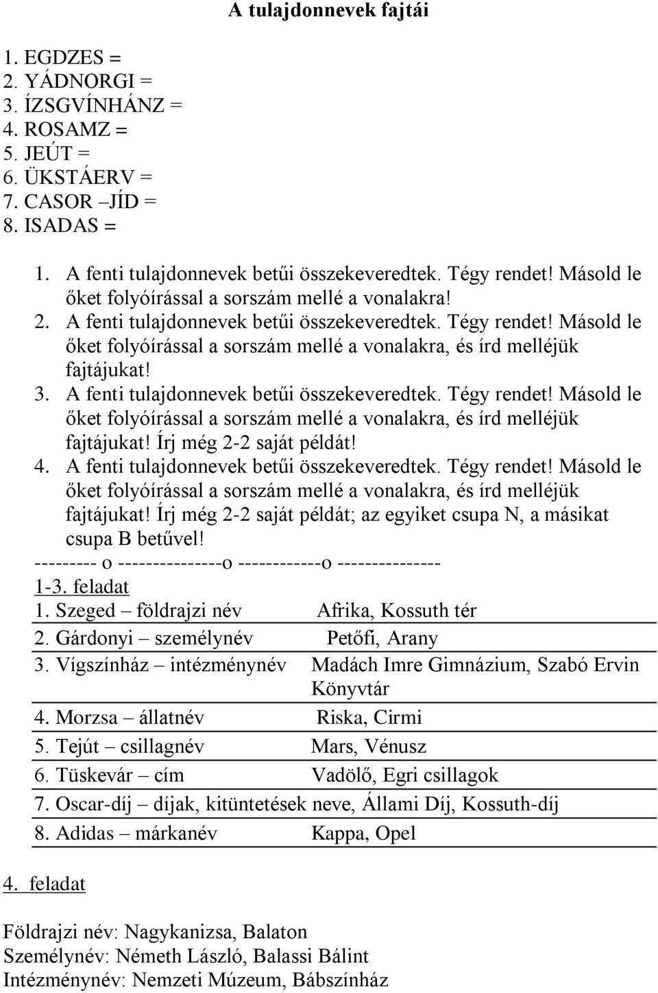 Másold le őket folyóírással a sorszám mellé a vonalakra, és írd melléjük fajtájukat! 3. A fenti tulajdonnevek betűi összekeveredtek. Tégy rendet!