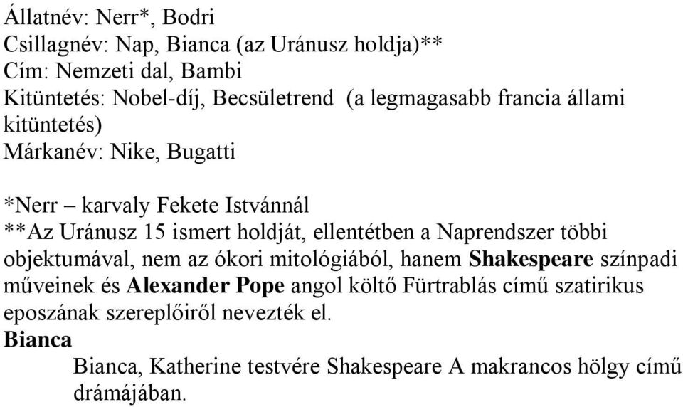 ellentétben a Naprendszer többi objektumával, nem az ókori mitológiából, hanem Shakespeare színpadi műveinek és Alexander Pope angol