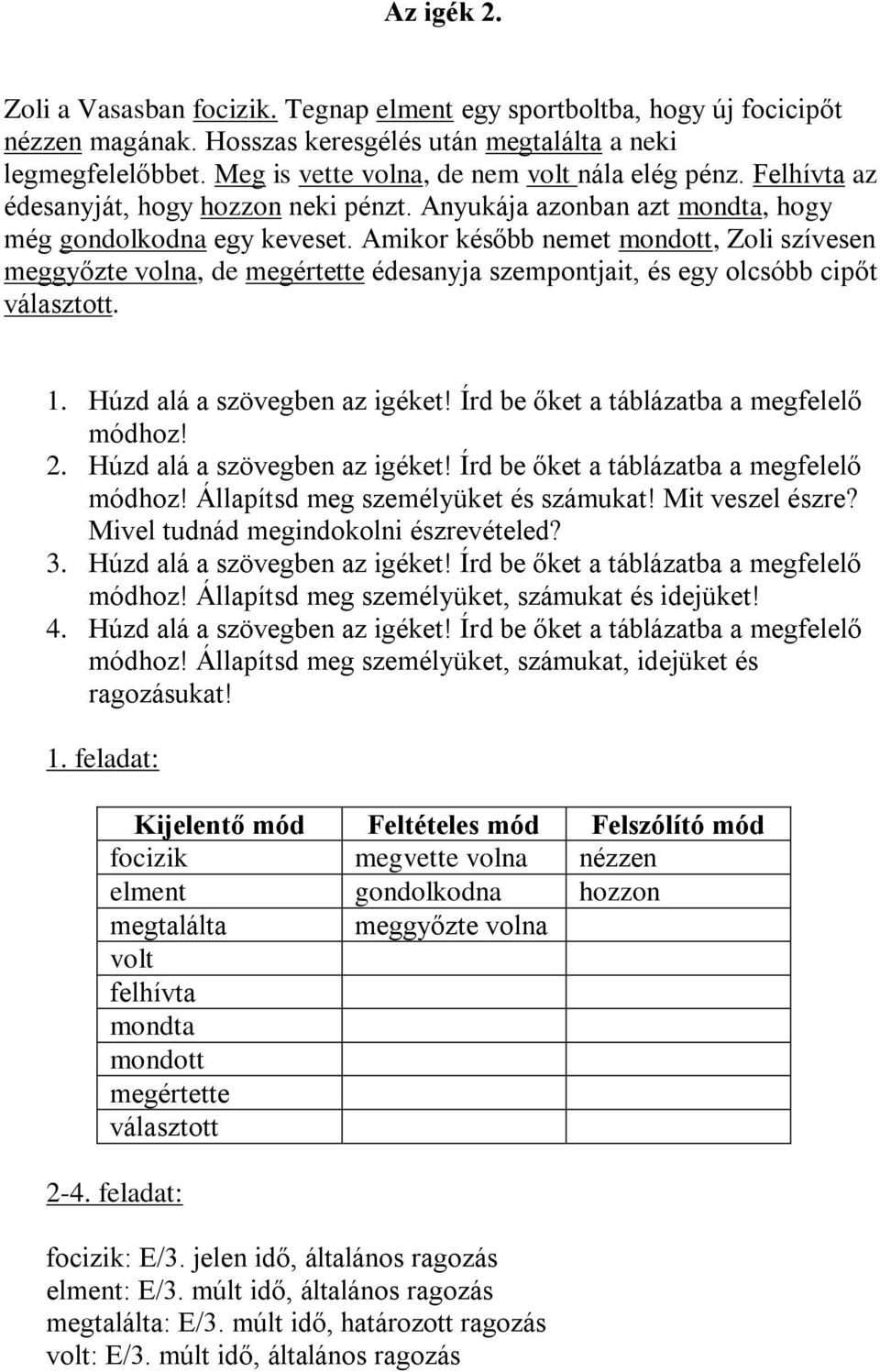 Amikor később nemet mondott, Zoli szívesen meggyőzte volna, de megértette édesanyja szempontjait, és egy olcsóbb cipőt választott. 1. Húzd alá a szövegben az igéket!