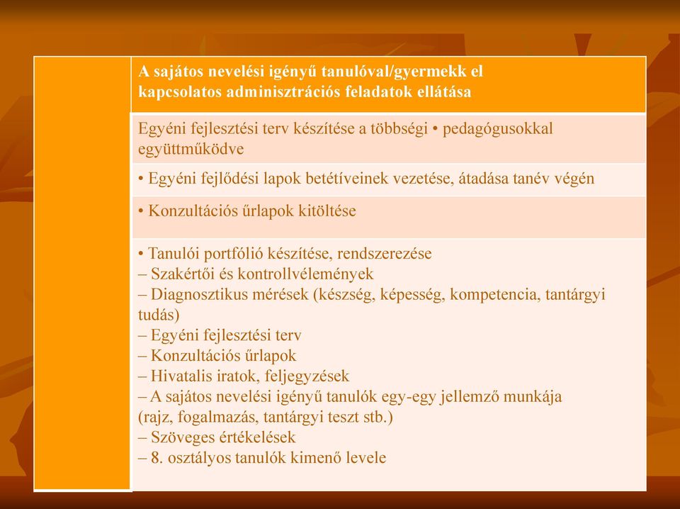 Szakértői és kontrollvélemények Diagnosztikus mérések (készség, képesség, kompetencia, tantárgyi tudás) Egyéni fejlesztési terv Konzultációs űrlapok Hivatalis