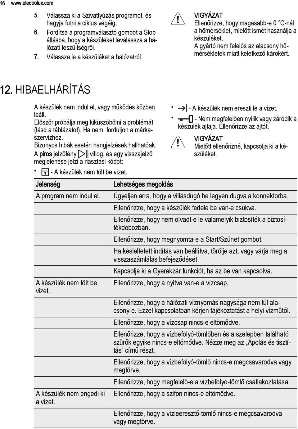 VIGYÁZAT Ellenőrizze, hogy magasabb-e 0 C-nál a hőmérséklet, mielőtt ismét használja a készüléket. A gyártó nem felelős az alacsony hőmérsékletek miatt keletkező károkért. 12.