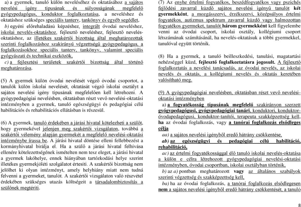 illetékes szakértői bizottság által meghatározottak szerinti foglalkozáshoz szakirányú végzettségű gyógypedagógus, a foglalkozásokhoz speciális tanterv, tankönyv, valamint speciális gyógyászati és