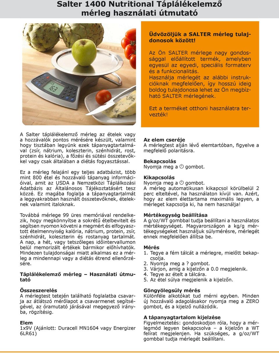 Salter 1400 Nutritional Táplálékelemző mérleg használati útmutató - PDF  Ingyenes letöltés