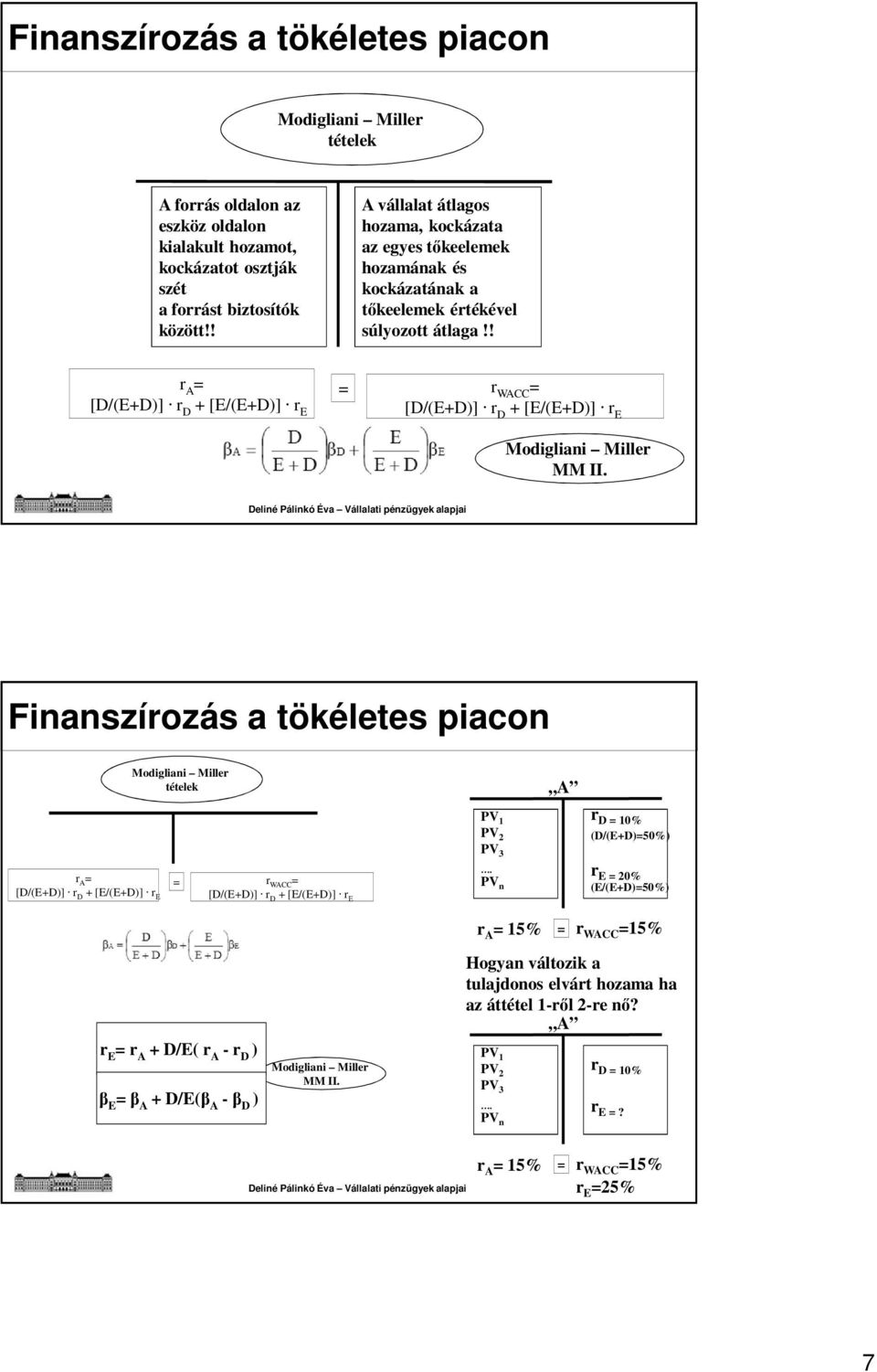 ! r A r WACC [D/(E+D)] r D + [E/(E+D)] r E [D/(E+D)] r D + [E/(E+D)] r E MM II.