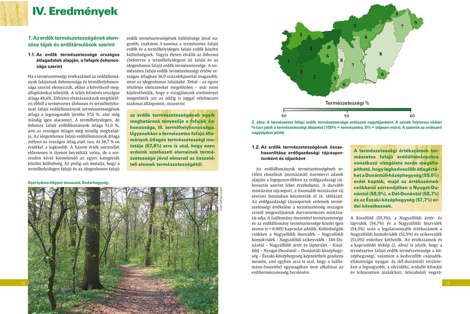 1. Az erdők természetessége országos átlagadatok alapján, a fafajok őshonossága szerint Ha a természetességi értékszámot az erdőállományok fafajainak őshonossága és termőhelyhonossága szerint