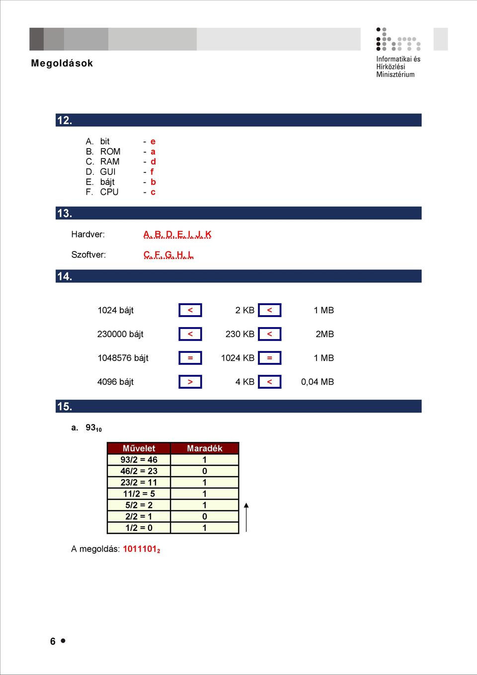 1024 bájt < 2 KB < 1 MB 230000 bájt < 230 KB < 2MB 1048576 bájt = 1024 KB = 1 MB 4096 bájt > 4