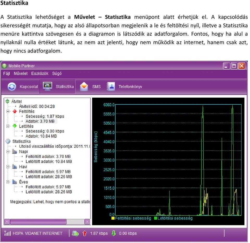 a Statisztika menüre kattintva szövegesen és a diagramon is látszódik az adatforgalom.