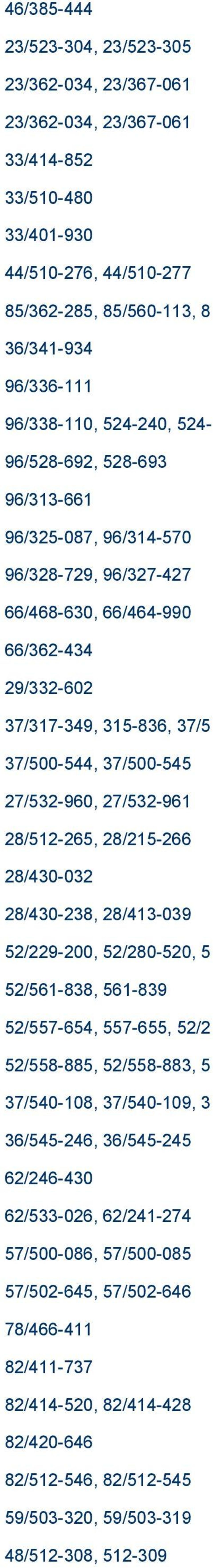 27/532-961 28/512-265, 28/215-266 28/430-032 28/430-238, 28/413-039 52/229-200, 52/280-520, 5 52/561-838, 561-839 52/557-654, 557-655, 52/2 52/558-885, 52/558-883, 5 37/540-108, 37/540-109, 3