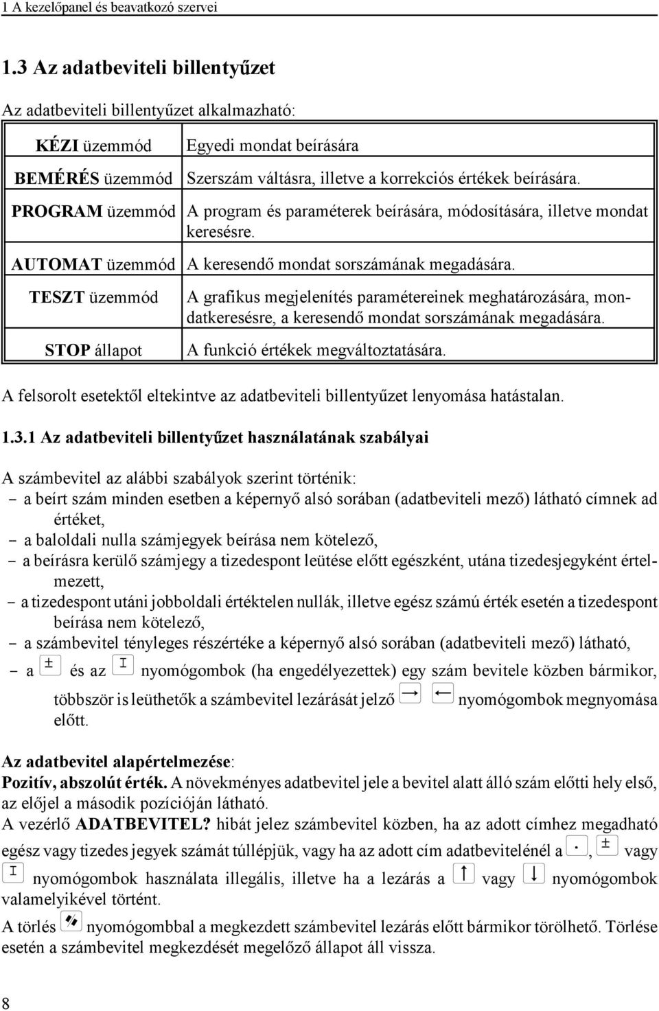 PROGRAM üzemmód A program és paraméterek beírására, módosítására, illetve mondat keresésre. AUTOMAT üzemmód A keresend mondat sorszámának megadására.