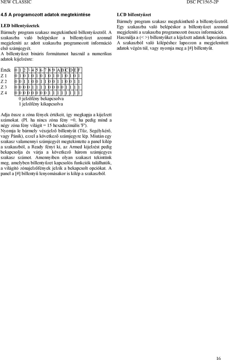 A billentyűzet bináris formátumot használ a numerikus adatok kijelzésre: LCD billentyűzet Bármely program szakasz megtekinthető a billentyűzetről.