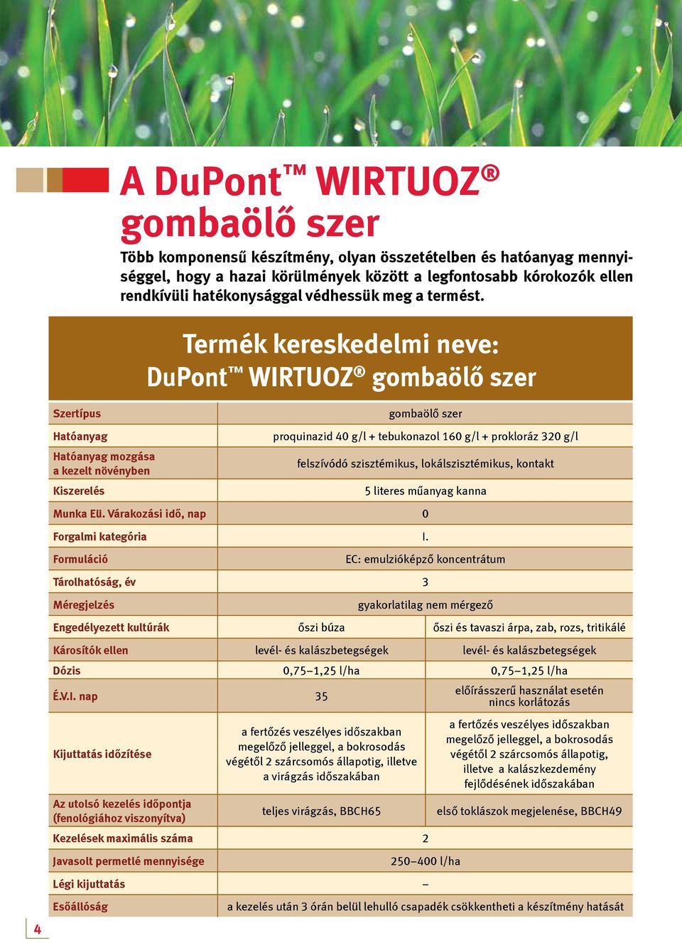 Termék kereskedelmi neve: DuPont Wirtuoz gombaölő szer 4 Szertípus Hatóanyag Hatóanyag mozgása a kezelt növényben Kiszerelés gombaölő szer proquinazid 40 g/l + tebukonazol 160 g/l + prokloráz 320 g/l