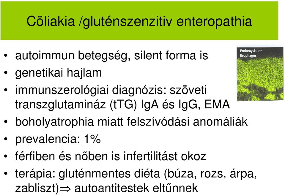 boholyatrophia miatt felszívódási anomáliák prevalencia: 1% férfiben és nőben is