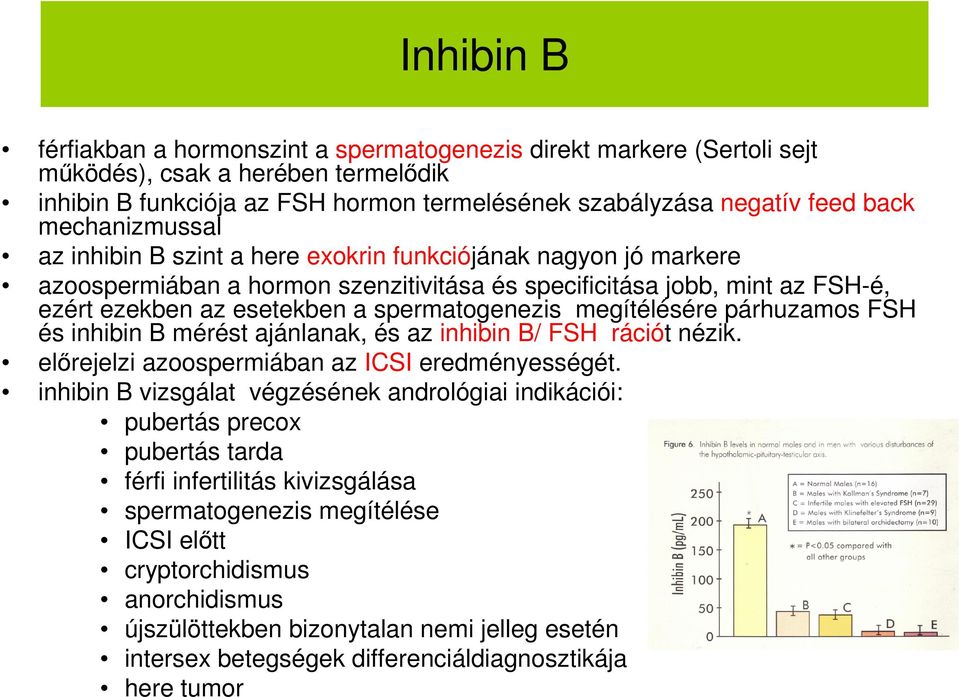 spermatogenezis megítélésére párhuzamos FSH és inhibin B mérést ajánlanak, és az inhibin B/ FSH rációt nézik. előrejelzi azoospermiában az ICSI eredményességét.